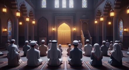 Men Praying in Mosque Interior Scene.