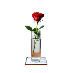 Elegant red rose in a clear glass cylinder vase, isolated subject.