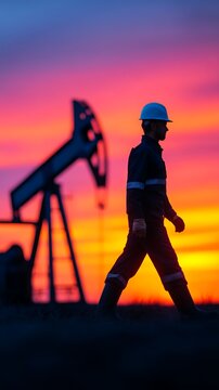 A worker in protective gear walks past an oil pumpjack during a vibrant sunset, symbolizing the oil industry and energy production.