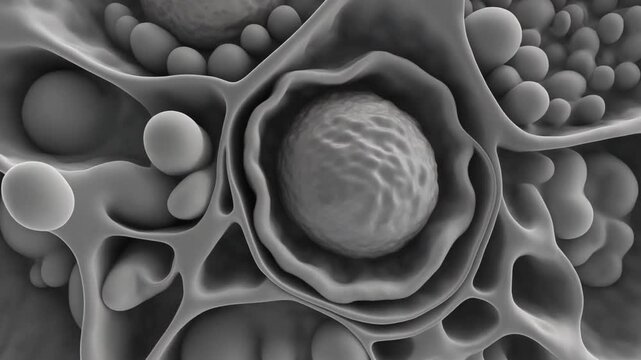 "Highly magnified grayscale microscopic image showing a complex biological structure with a central spherical formation resembling a nucleus or vesicle, surrounded by rounded and tubular components. T