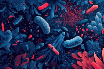 Microscopic world of blue and red bacteria and plant-like structures