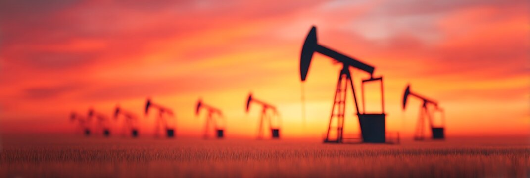 Oil pumpjacks silhouetted against a vibrant orange and red sunset on a flat landscape.