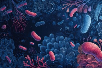 Microscopic life forms, bacteria, and coral-like structures in vibrant blue and pink