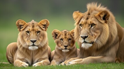 Three lions, a male, a female, and a cub, resting together on vibrant green grass, looking directly at the camera with calm expressions.