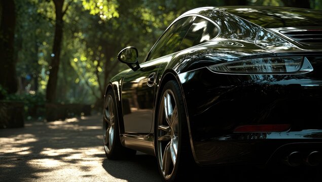 Gleaming black sports car parked on a sun-dappled tree-lined road