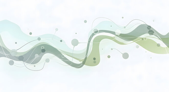 A fluid abstract composition of wavy green and grey bands intertwined with circular nodes and thin connecting lines
