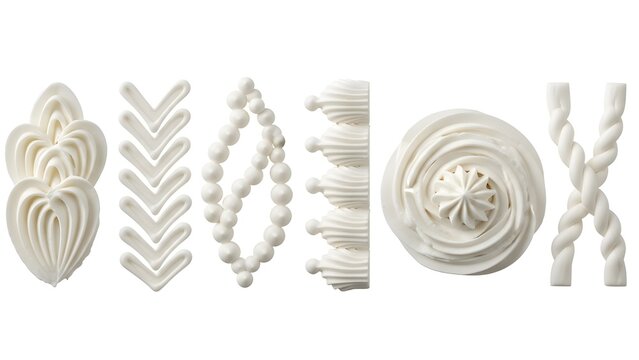 Six different white buttercream piping designs, including a shell border, chevron pattern, pearl string, tiered ruffles, a rosette swirl, and a twisted rope, isolated on a white background.