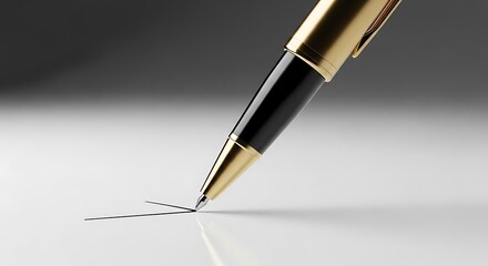 Elegant gold and black fountain pen writes a line on a pristine white surface, dramatic lighting