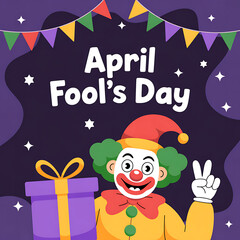 Festive April Fools' Day illustration featuring a playful clown with a gift and peace sign on a purple background