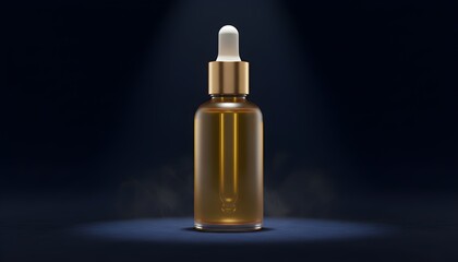 Naklejka premium Premium amber glass dropper bottle with gold cap under cinematic spotlight on dark background.
