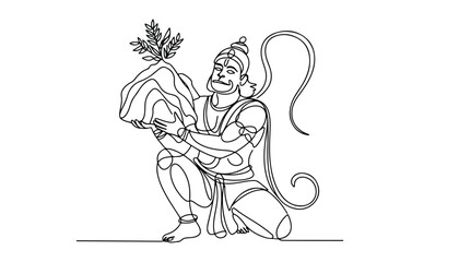 Obraz premium One continuous line illustration of an Lord Hanuman isolated on white background.