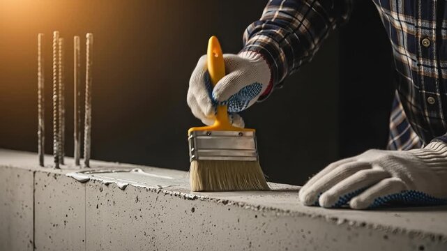 Worker applying concrete primer to cinder block wall with paintbrush