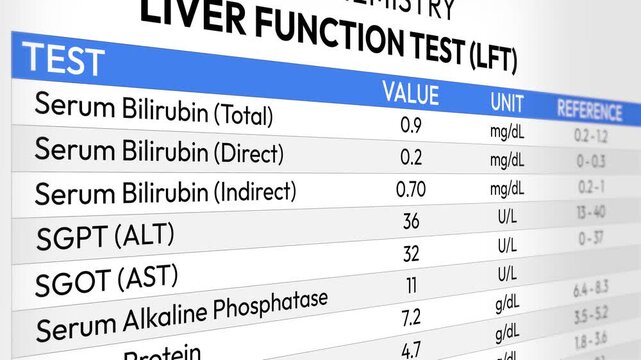 Liver Function Test Report. LFT, ALT AST Bilirubin Analysis, Enzyme Levels Assessment, Hepatic Health Screening, Diagnostic Evaluation and Clinical Monitoring Insights. Random LFT Test Report 2D Video