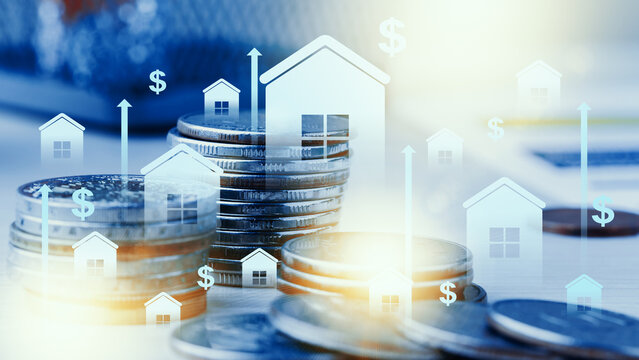 Growth in real estate investment shown through stacks of coins and house icons