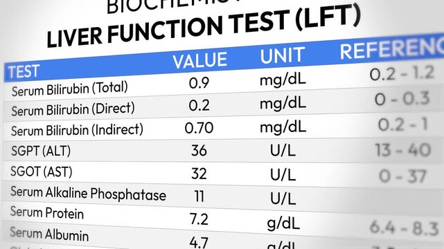 Liver Function Test Report. LFT, ALT AST Bilirubin Analysis, Enzyme Levels Assessment, Hepatic Health Screening, Clinical Monitoring Insights and Diagnostic Evaluation. Random LFT Test Report.2D Video