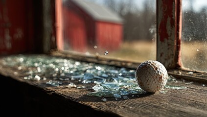 Abandoned golf ball rests on a dusty windowsill next to shattered glass