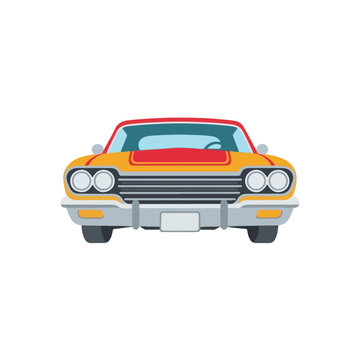 Flat illustration of a vintage orange car with a red roof and gray accents, facing forward on a clean white background.