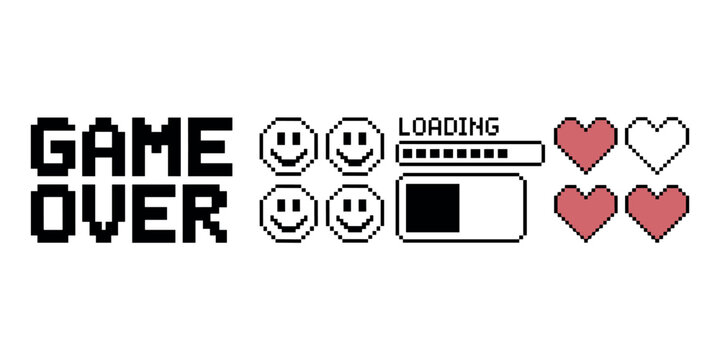 Game over screen with pixel smiley faces hearts and loading bar in white background