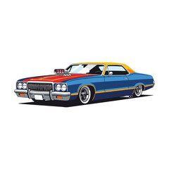 Obraz premium A vibrant illustration of a blue, red, and yellow muscle car with a distinctive hood scoop, set against a clean white background with a focus on automotive design.