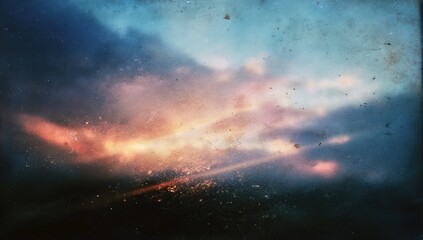 Dramatic sky with fiery sunset clouds, diffused light, and textured film grain