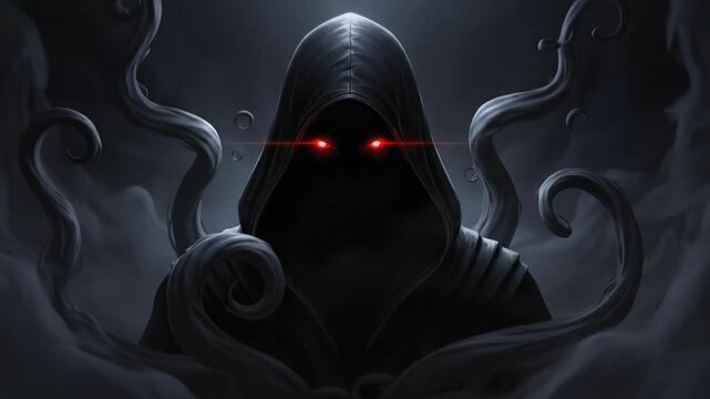 Mysterious hooded figure with glowing red eyes and tentacles in dark smoke
