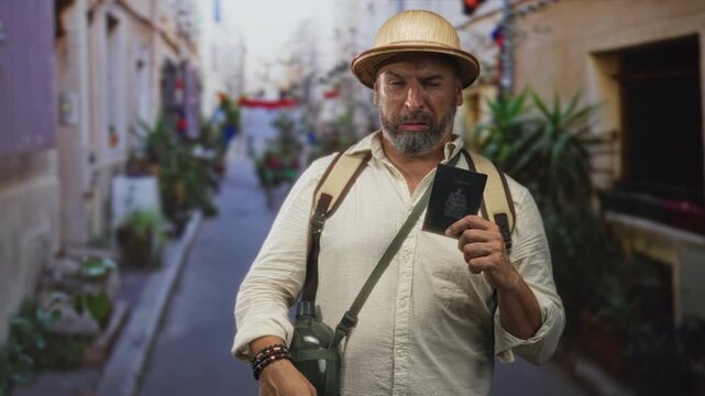 Man wearing pith helmet and backpack holding passport with grimacing face in narrow cobblestone street; travel frustration document problem.