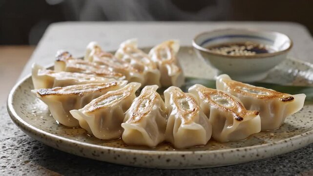 Close-up of pan-fried Japanese gyoza dumplings served on ceramic plate with dipping sauce bowl, perfect for Asian cuisine menus