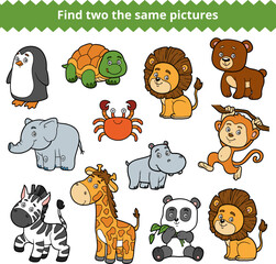 Fototapeta premium Find two the same pictures educational game for children with cute zoo animals. Color matching activity worksheet for preschool kids. Fun printable puzzle for attention and visual skills