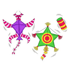 Colorful hand-drawn flying kites and string spool, isolated subject.