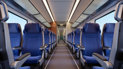 Fototapeta premium Interior of a modern passenger train carriage with central aisle, rows of blue seats, overhead luggage racks, and large windows, showing public rail transport seating layout