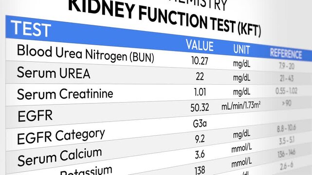 Kidney Function Test Report. Creatinine Urea Analysis, Renal Health Screening, Electrolyte Balance Assessment, GFR Evaluation, Diagnostic Monitoring Insights. Random KFT Test Report. 2D Video