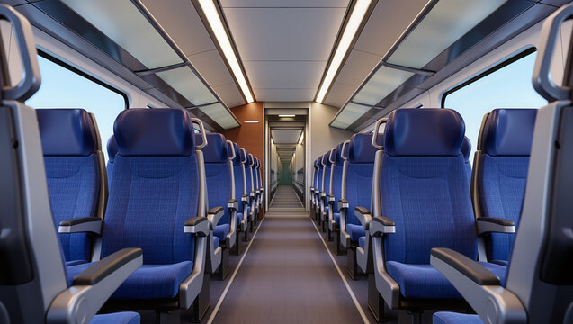 Interior of a modern passenger train carriage with central aisle, rows of blue seats, overhead luggage racks, and large windows, showing public rail transport seating layout