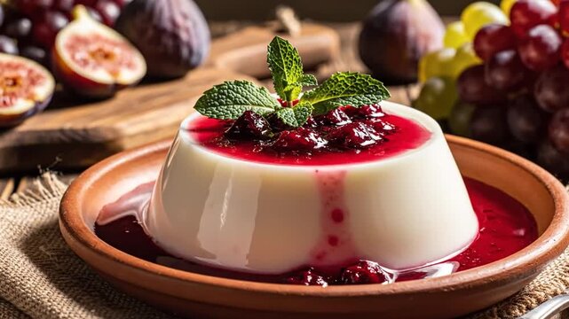 Creamy panna cotta dessert topped with red berry sauce and mint leaves on rustic ceramic plate with fresh figs and grapes in background