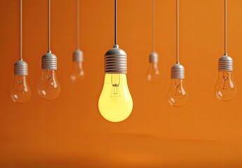One glowing bulb among many unlit, on orange backdrop