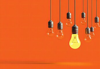 Several light bulbs hang against a vibrant orange background, one glowing brightly