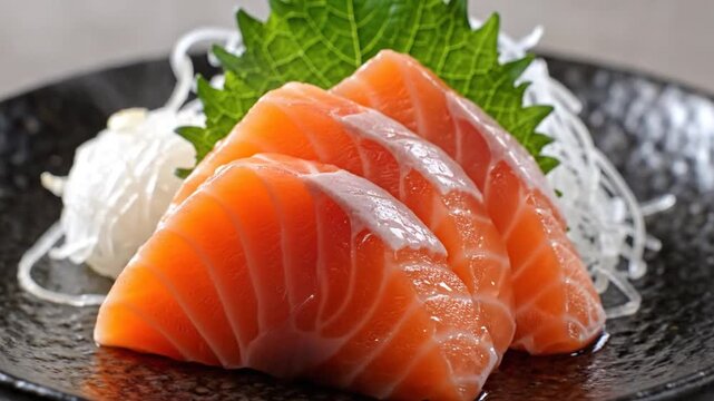 Fresh salmon sashimi slices served with shiso leaf and daikon radish on a black ceramic plate, traditional Japanese dish perfect for seafood menus