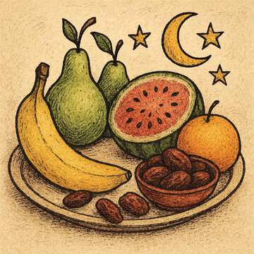 A plate of dates and fresh fruits on table.Hand drawn representation
