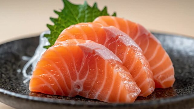 Fresh sliced salmon sashimi served on black plate with green shiso leaf and daikon garnish, traditional Japanese seafood dish perfect for sushi menus