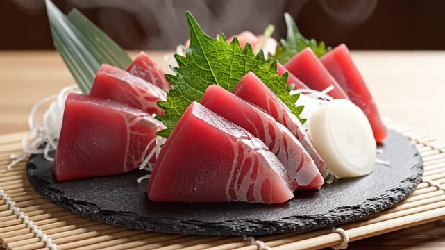 Fresh tuna sashimi slices served on black slate plate with shiso leaves and daikon radish, Japanese traditional raw fish dish perfect for sushi menus
