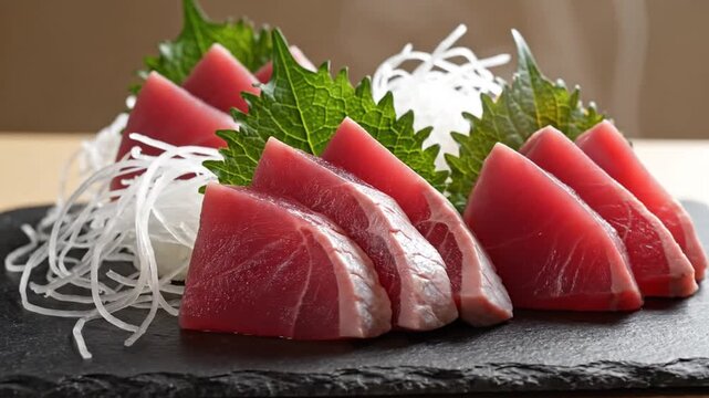 Fresh tuna sashimi slices arranged with shiso leaves and shredded daikon on slate platter, traditional Japanese dish perfect for sushi menus