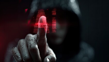 Figure in hood interacts with glowing red AI text