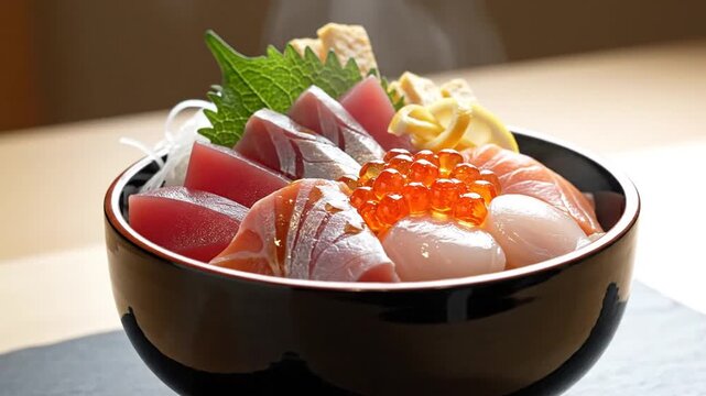 Japanese seafood sashimi rice bowl with salmon, tuna, scallops, ikura, tamago, shiso leaf, and lemon slice in black lacquer bowl