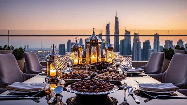 Luxurious Iftar dinner setup with traditional lanterns, dates, and Arabic sweets on a rooftop. Perfect for Ramadan, cultural celebrations, Middle Eastern hospitality, and elegant dining against a...