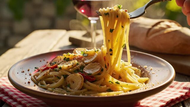 Plate of steaming spaghetti aglio e olio with garlic slices, chili, parsley, rustic bread and red wine glass in soft natural light, perfect for Italian dining