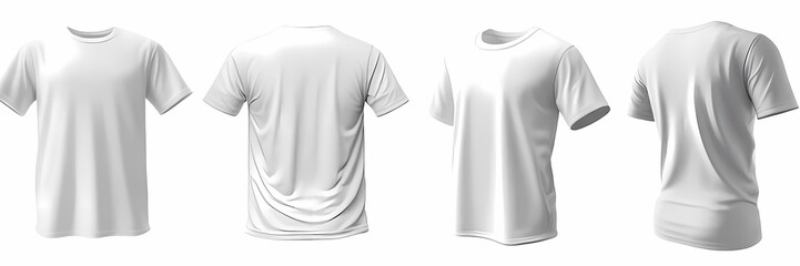 Four white t-shirt mockups isolated on transparent background