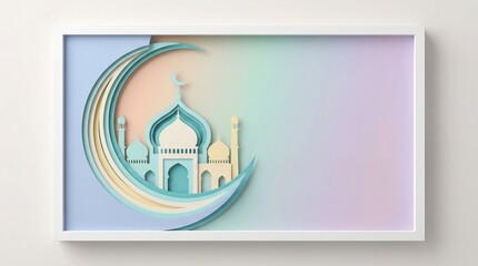 Obraz premium Beautiful paper quilling artwork featuring a pastel crescent moon and mosque silhouette in a white frame, symbolizing Islamic celebration and spirituality.