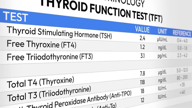 Thyroid Function Test Report. TSH, T3, T4 Hormone Analysis, Endocrine Health Screening, Metabolic Assessment, Diagnostic Evaluation and Clinical Monitoring. Random TFT Test Report. 2D Video Animation