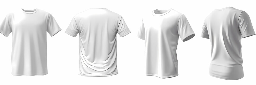 Four white t-shirt mockups isolated on transparent background