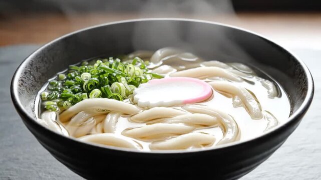 Steaming bowl of traditional Japanese udon noodles with sliced green onions and pink-edged fish cake in clear broth