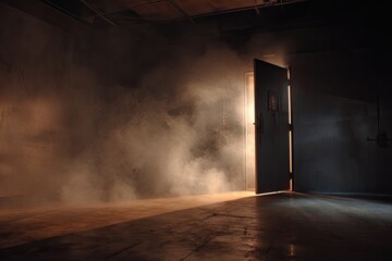 Ethereal fog billows from an open doorway, illuminating a darkened room